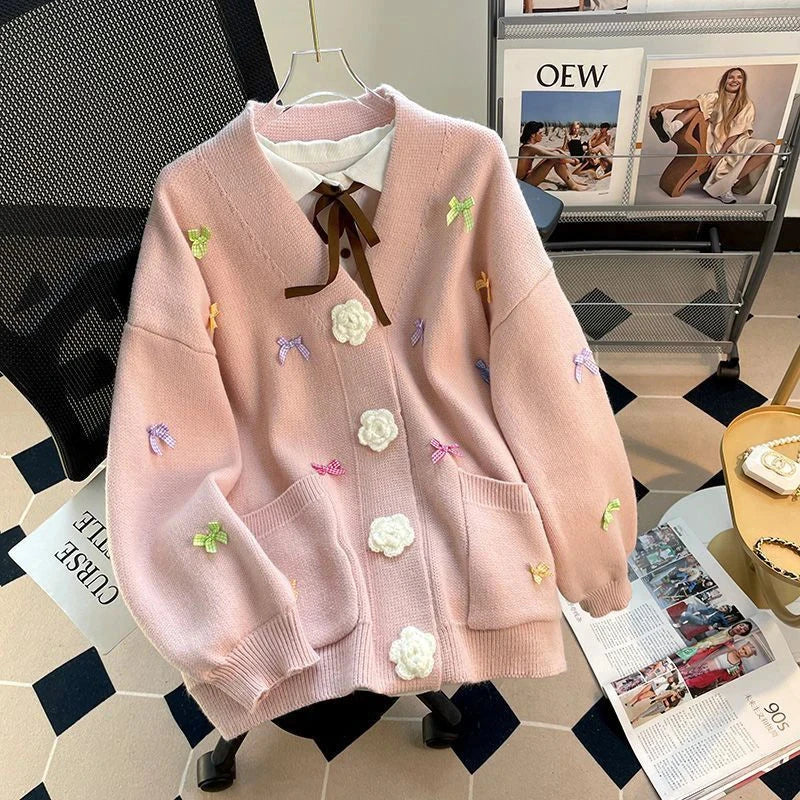3D Floral Sweet Bow Cardigan Sweaters Women Preppy Style Loose V Neck Korean Knitted Jacket Casual Fashion Long Sleeve Fall Tops voguable