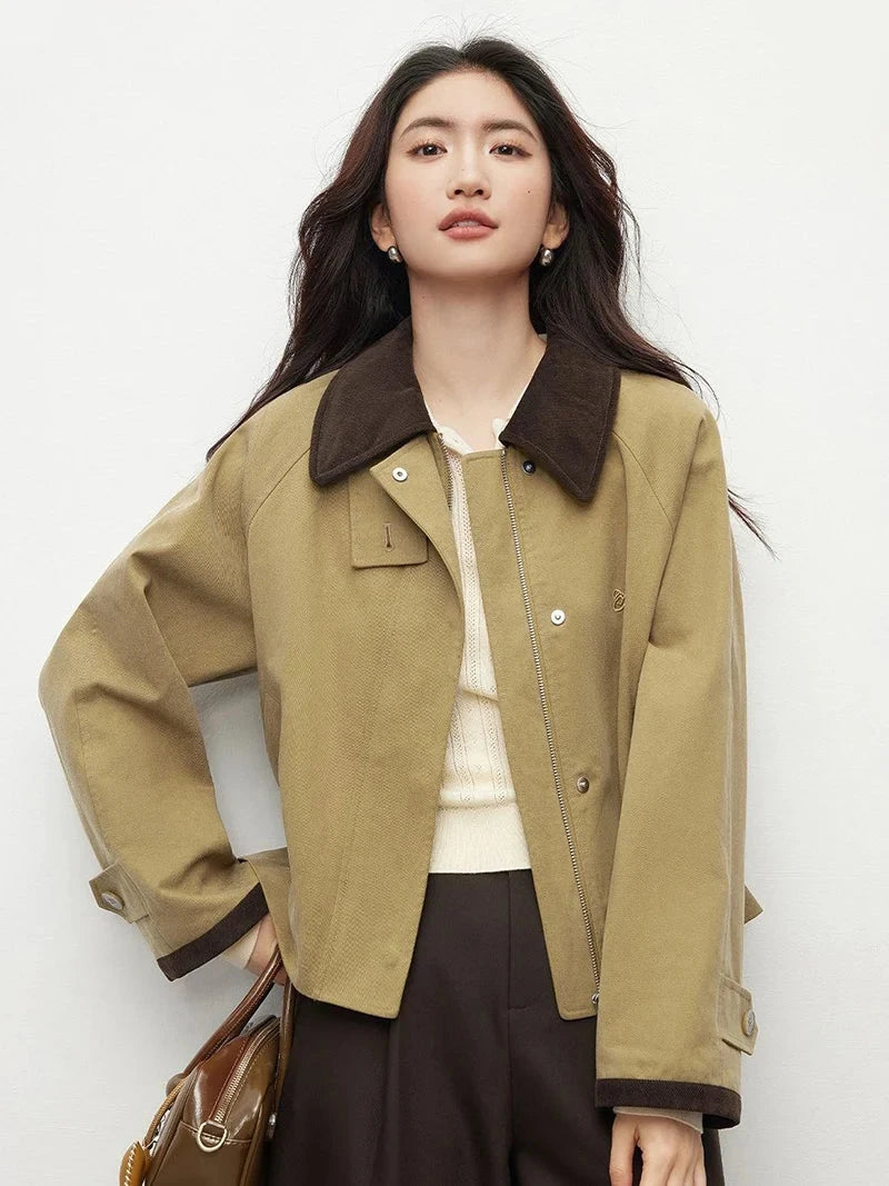 Vintage Casual Khaki Jacket Women Long Sleeve Patchwork High Quality Coat Korean All Match Women Fall Winter Embroidery Top voguable