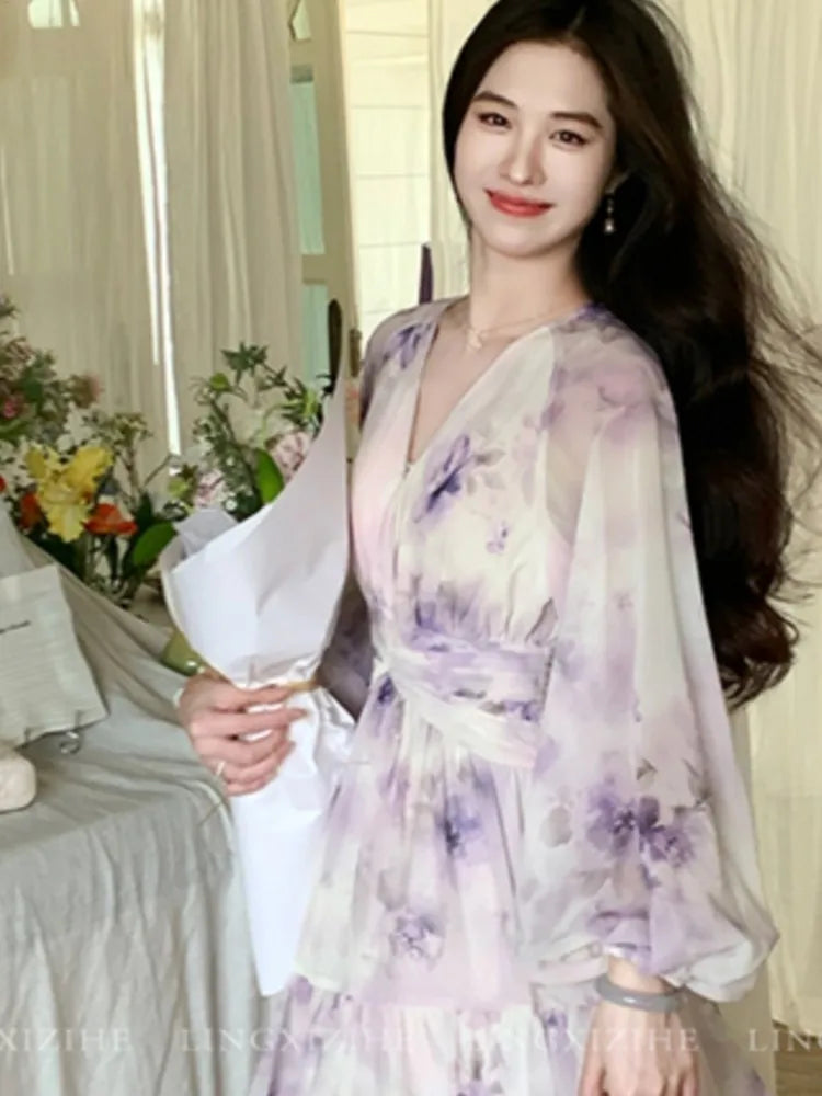 Elegant Print Purple Long Korean Prom Dresses For Women Summer Sea Beach Holiday Slim Waist V-Neck Fashion New Dress Basics voguable