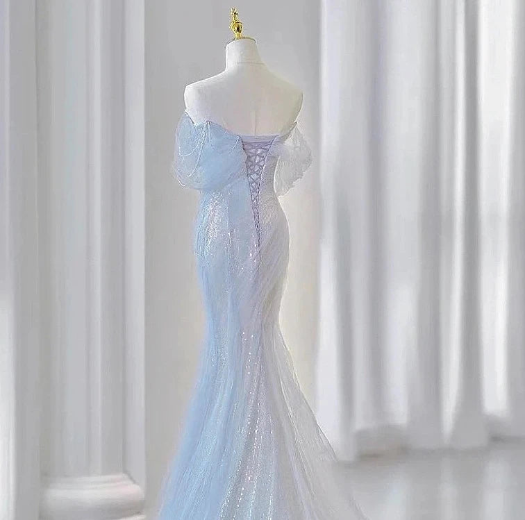 Voguable Gorgeous Purple Blue Celebrity Dresses Pearl Beading Chain Off the Shoulder Mermaid Glitter Sequins Floor Length Saudi Prom Gown voguable