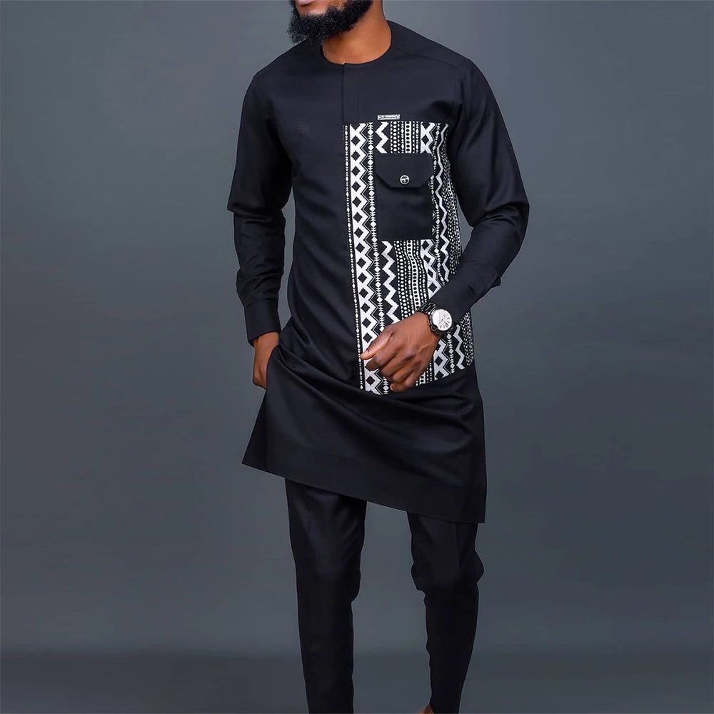 Voguabl 2024 Summer Short Sleeve Tops Pockets Pants Single Breasted Tuxedo 2PCS Men's SetsAfrican Ethnic Casual Kaunda Suit Wedding Wear voguable