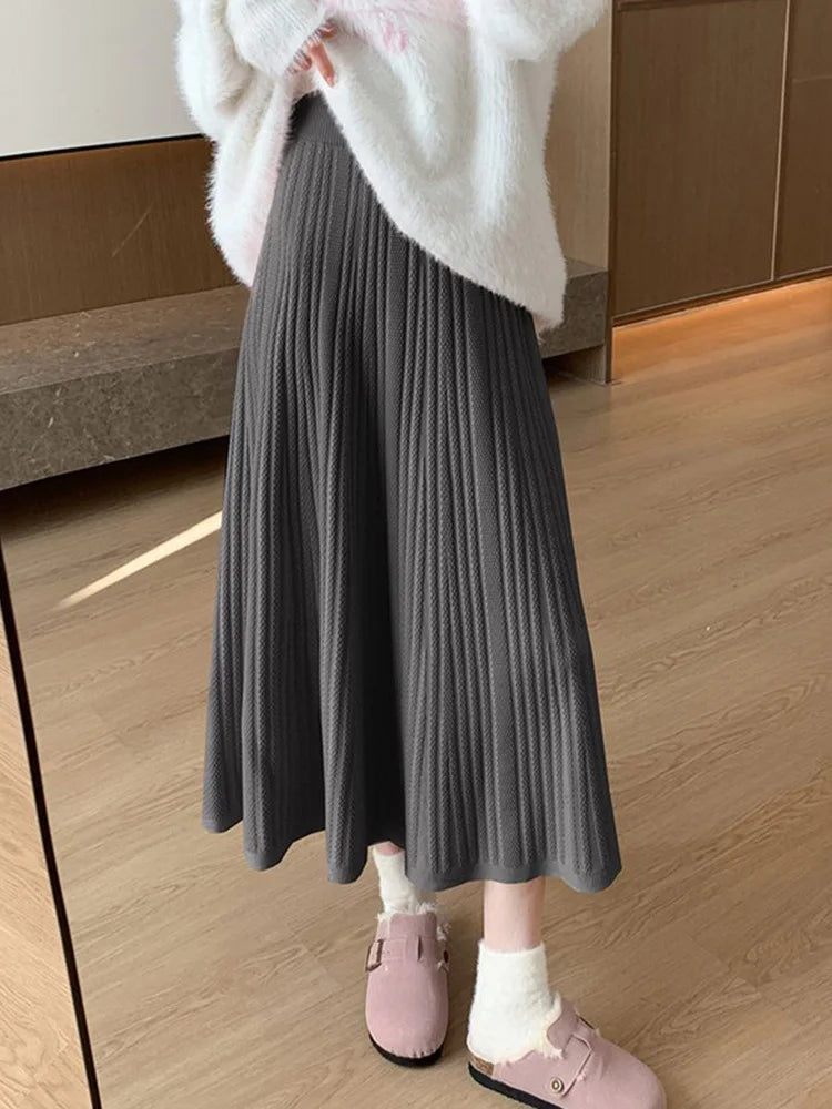 Sweet Vintage Knitted Long Skirts Women Preppy Style High Waist Loose A Line Skirts Fall Winter Retro Simple Elegant Long Skirts voguable