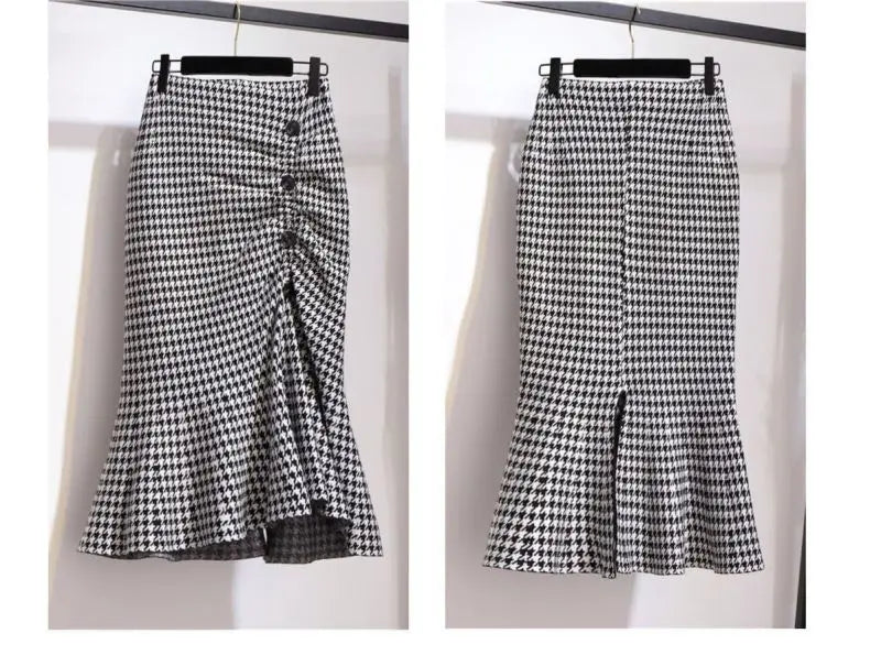 Trumpet Houndstooth Vintage High Waist Buttons Women's Skirt Korean Fashion Mermaid Mid-Calf Long Skirts For Women Spring voguable