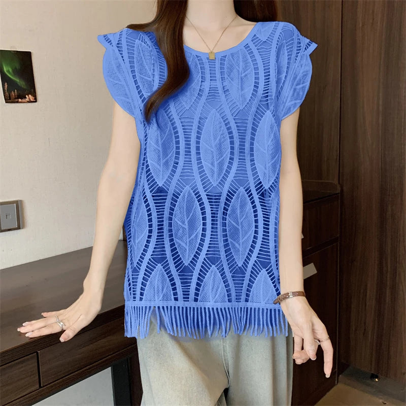 Voguable  Summer Pullovers Blouse New Sleeveless Hook Flower Hollow Vest Shirt Loose Casual Women Tops voguable