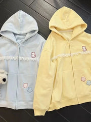 Women Cute Cartoon Hoodies Vintage Lace Patchwork Loose Sweet Sweatshirts Fall Preppy Style Japan Pockets Lady Kawaii Tops voguable