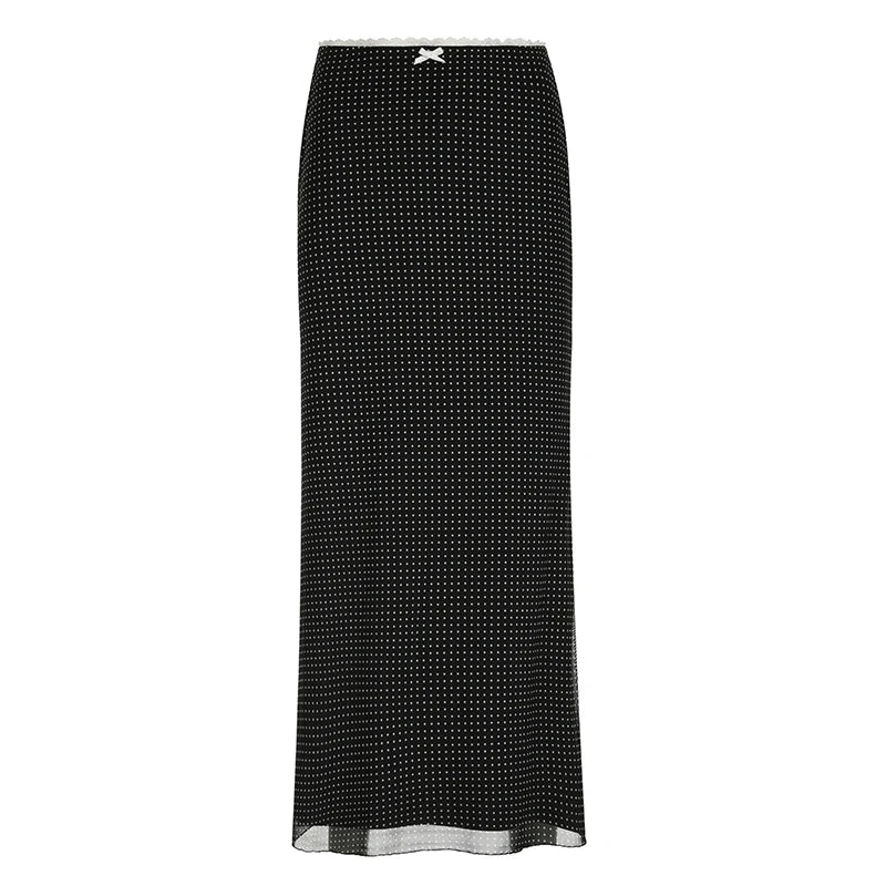 y2k Low Rise Black Long Skirt Cute Bow Patchwork Straight Skirts for Women Streetwear 2000s Ladies Elegant Bottoms Casual voguable
