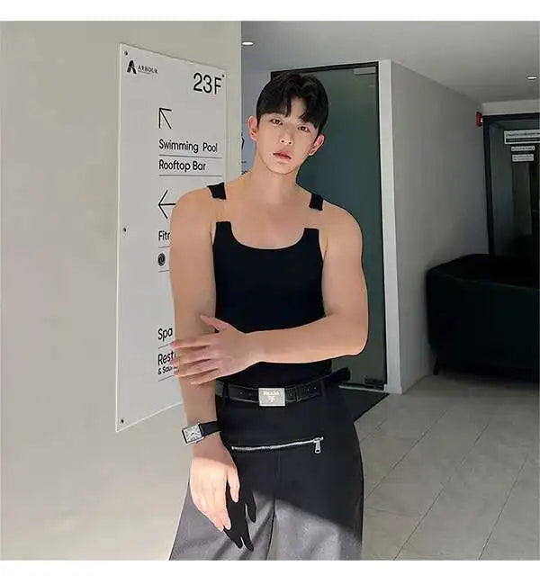 2025 New Fashion Male Vest Patchwork Personality Sleeveless Top Men's Solid Color Slim T-shirt Spring Trendy 9A8204 voguable