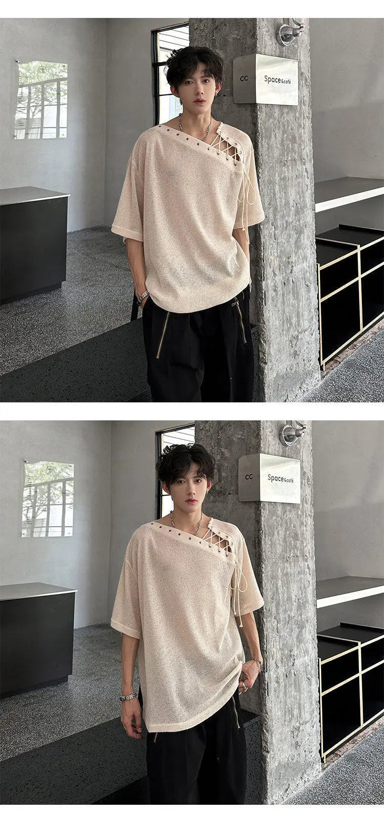 Korean Style Men's T-shirts Short Sleeve Casual Lace-up Design Solid Color Tees Hollow Out Loose Male Tops Summer 9W3719 voguable