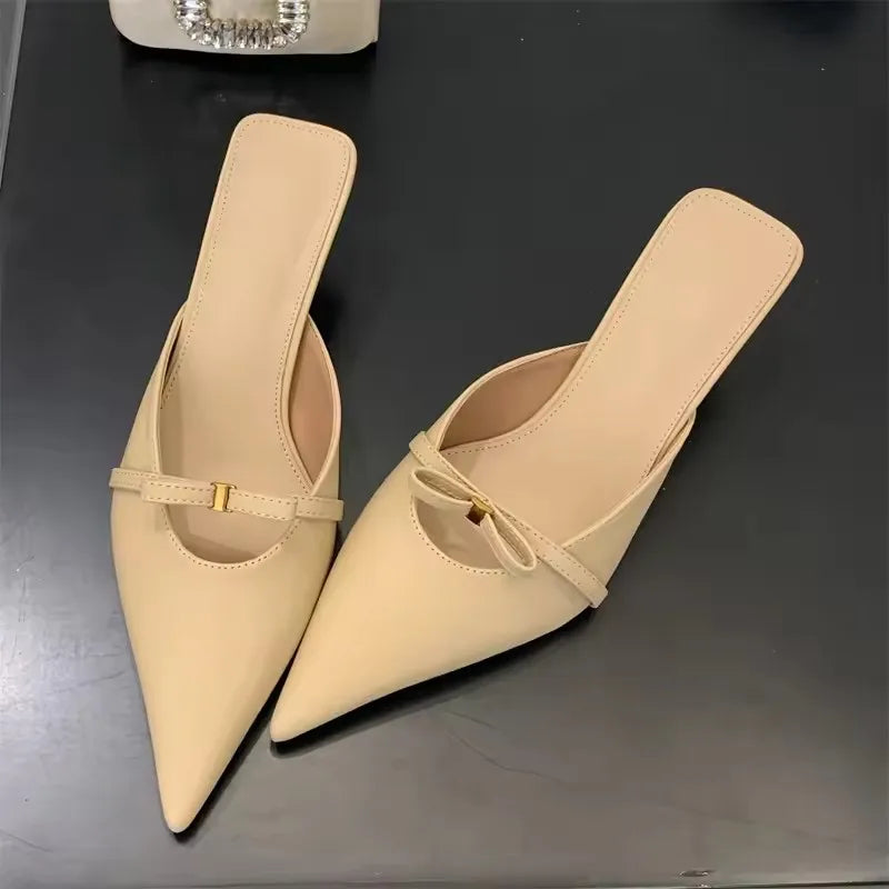 Voguable  Spring Design Style Butterfly-knot Woman Slippers Fashion Low Thin Heels Pointed Toe Shallow Ladies Mules Shoes voguable