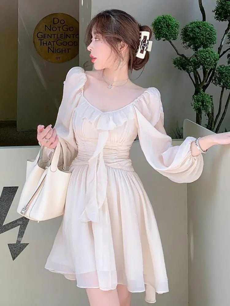 French Beige Pleated Ruffles Princess Short Dresses Women Sweet Fashion Temperament Vacation Ball Gown Party Mini Dress Backless voguable