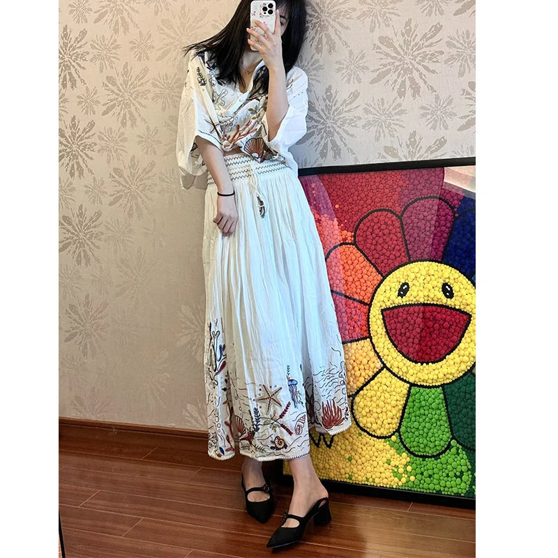 Voguable Women White Long Embroidered Skirt Vintage Drawstring Elastic Mid Waist Female Pleat Boho Skirts voguable