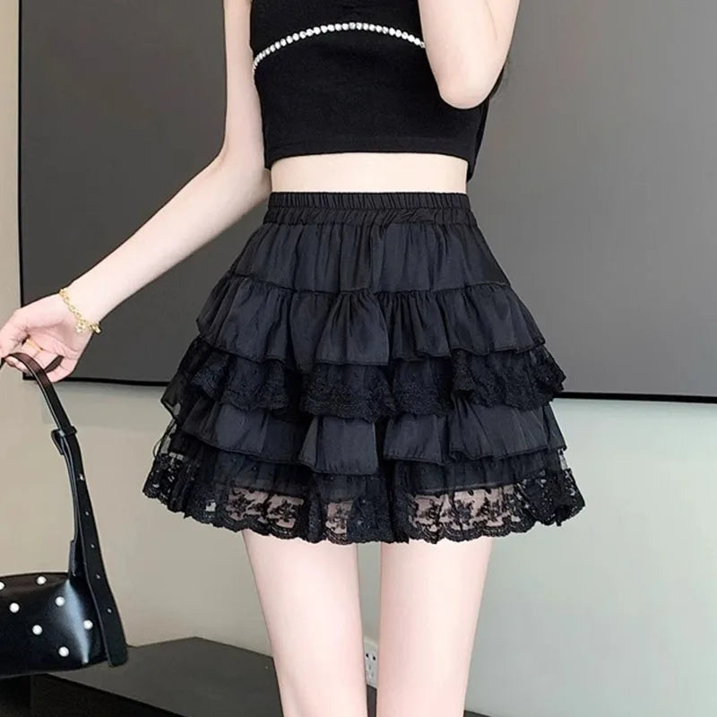 Elastic Gothic Lace Tutu Skirt Women Black Mesh Detail Petticoat Sexy Mini Tulle Skirts Party Club Wear Dancer voguable