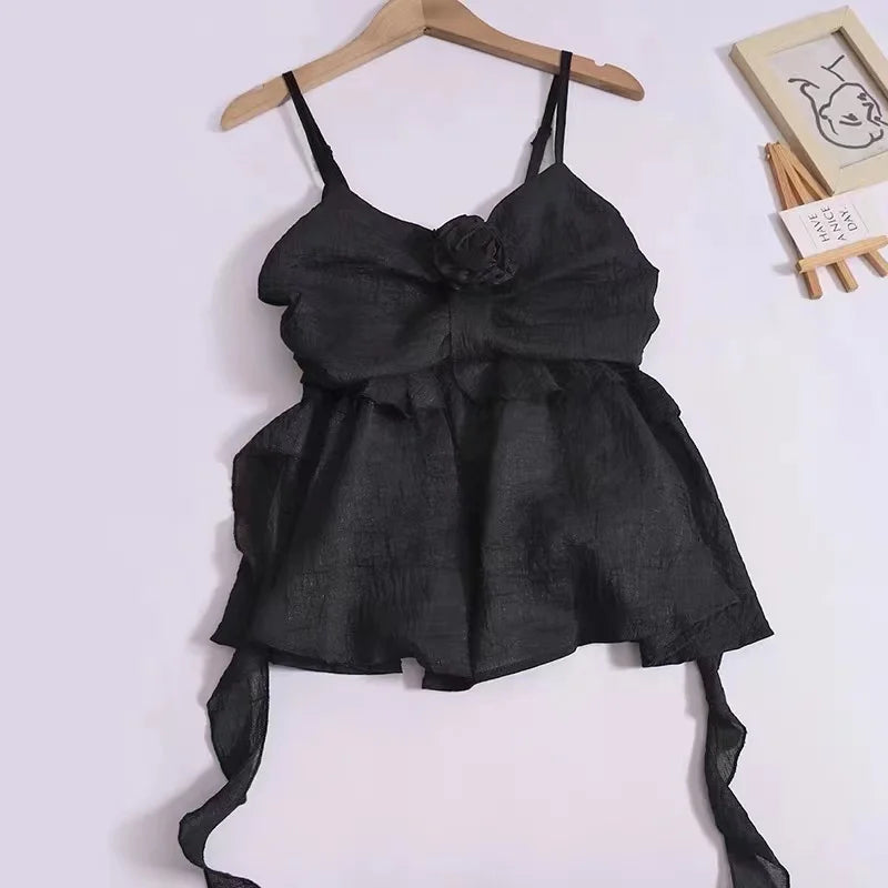 Voguable  Summer Women Sweet Halter Top Cute Core Gyaru French Vintage Camisole Coquette 2000s Aesthetic Ruffle Mori Girl Hot Sexy Kawaii voguable