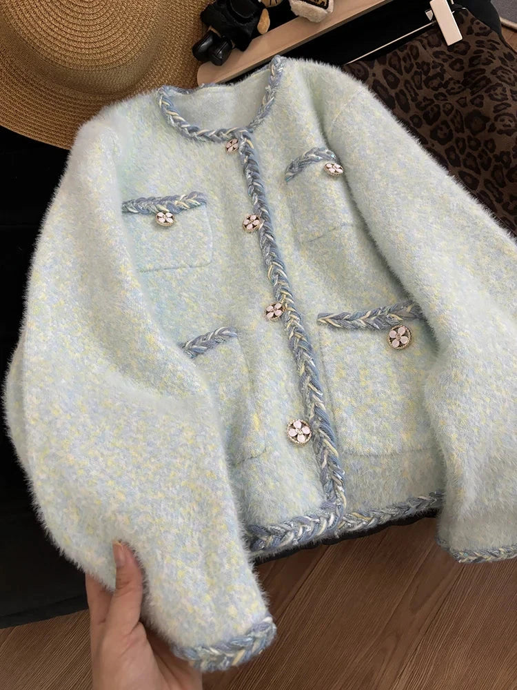 Faux Mink Cashmere Cardigan Coat Women Loose Sweet Long Sleeve Korean Knitted Jacket Sweater Fall Winter O Neck Cute Fashion Top voguable