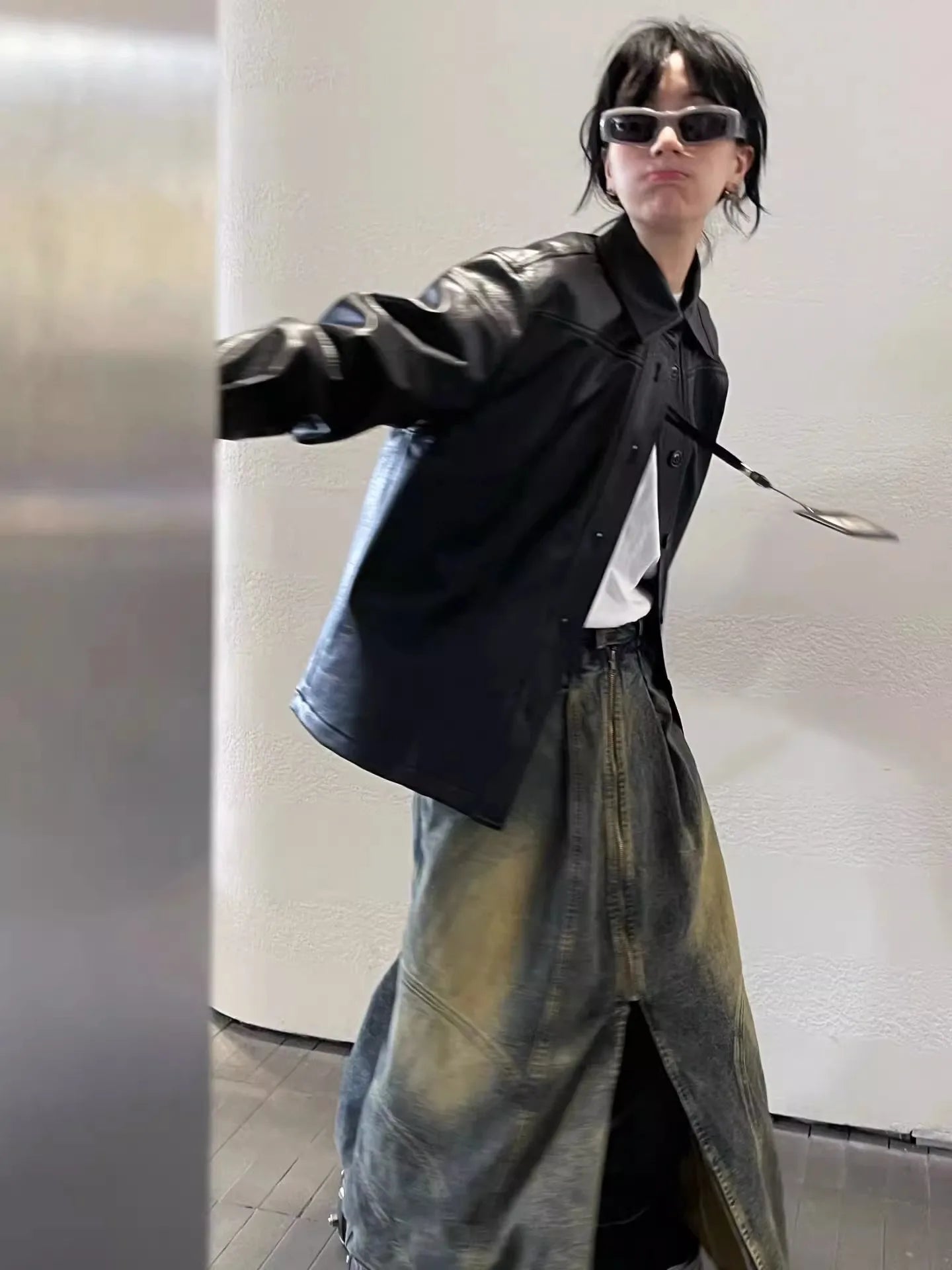 Voguable Fake Two-piece Loose Casual Zipper Jeans Women Autumn New Korean Distressed Washed All-match Denim Wide-leg Pants voguable