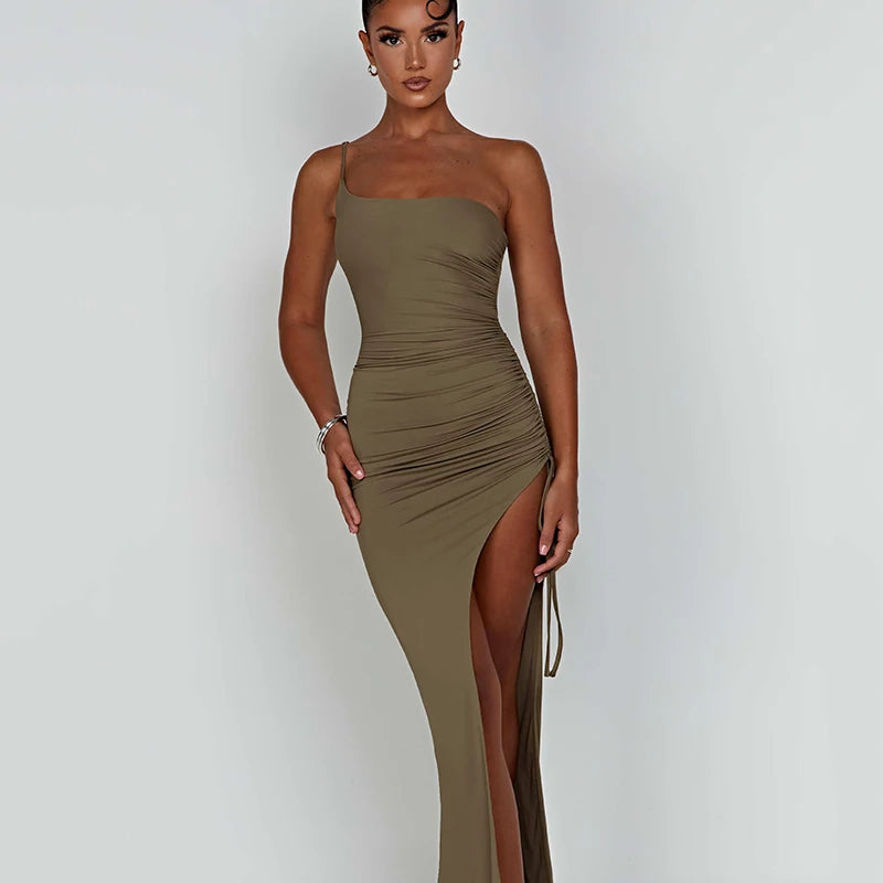 Drawstring High Slit Dress Women Sexy One Shoulder Slim Elastic Maxi Bodycon Party Pleated Vestidos Female Dresses voguable