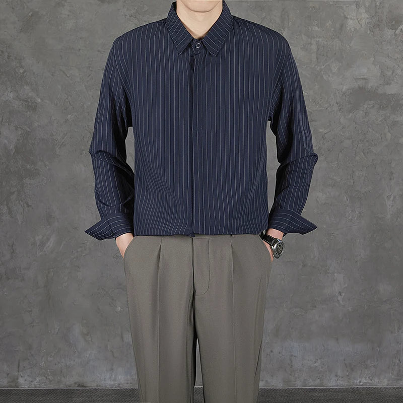 New Naples Business Men Shirts Light Luxury Textured Lapel Striped Long Sleeve Cardigan Leisure Premium Commuter Blouse S-4XL voguable