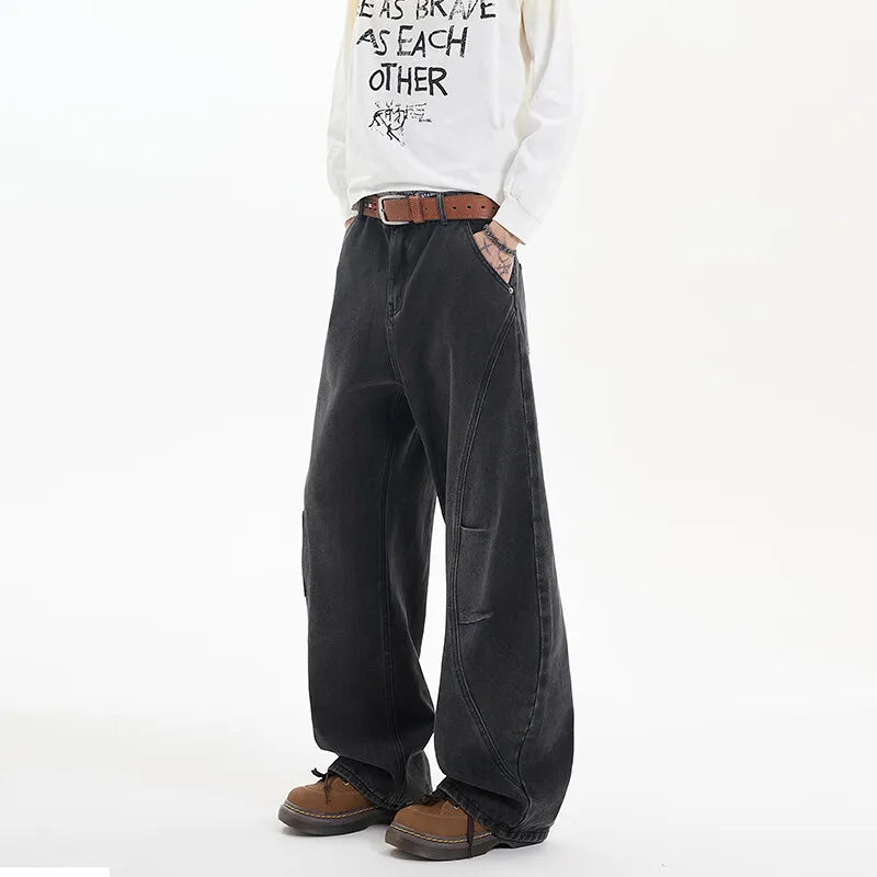 2025 Spring New Trendy Jeans Patchwork Design Male Gradient Color Washed Straight Male Denim Pants Wide Leg Mopping pants voguable