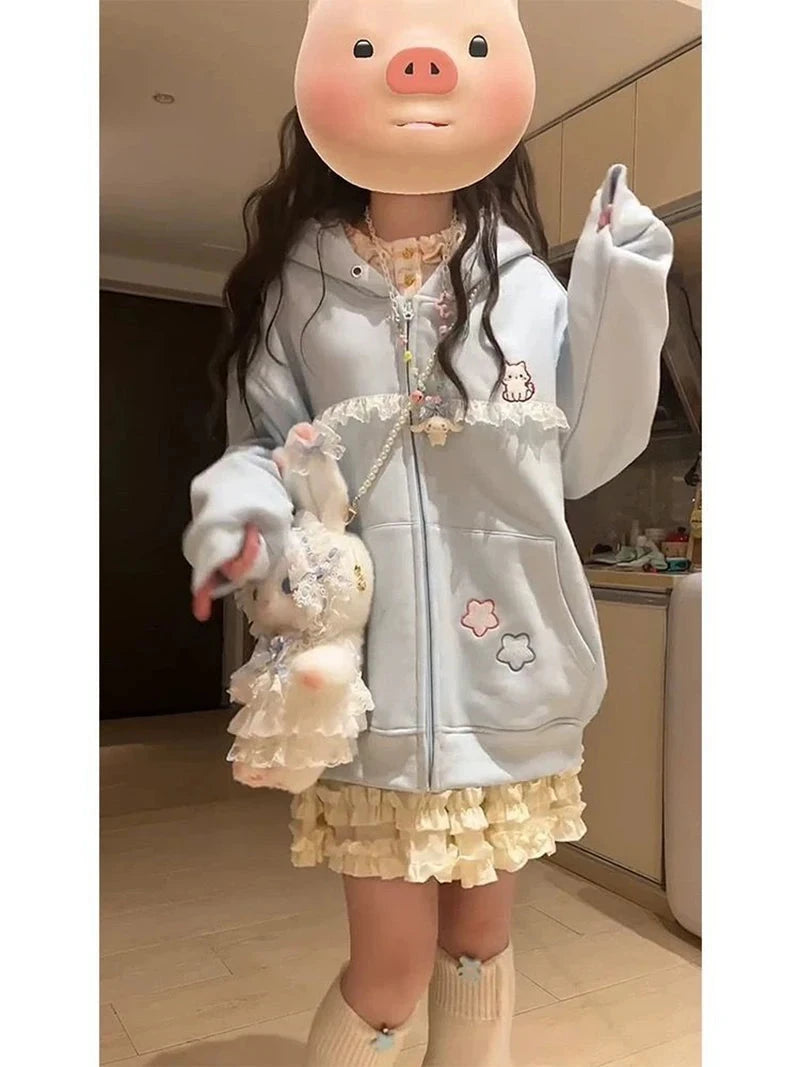 Women Cute Cartoon Hoodies Vintage Lace Patchwork Loose Sweet Sweatshirts Fall Preppy Style Japan Pockets Lady Kawaii Tops voguable