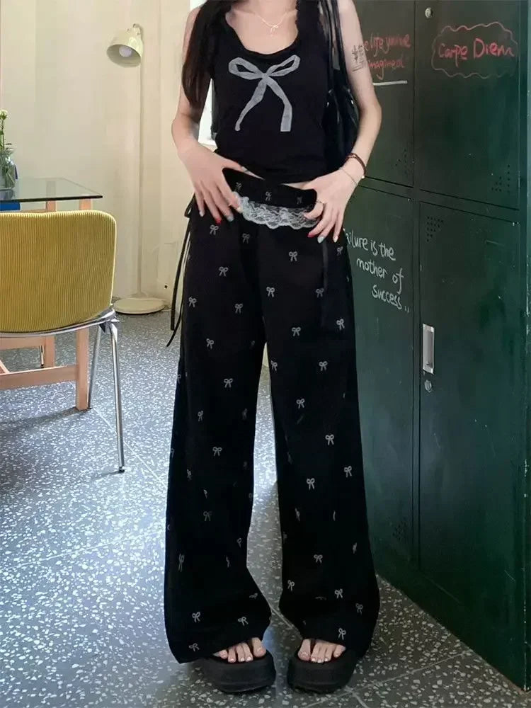 Fashion Lace Patchwork Women Casual Pants Summer Loose Preppy Bow Print Jogging Pants High Waist All Match Straight Trousers voguable