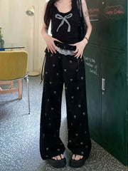 Fashion Lace Patchwork Women Casual Pants Summer Loose Preppy Bow Print Jogging Pants High Waist All Match Straight Trousers voguable