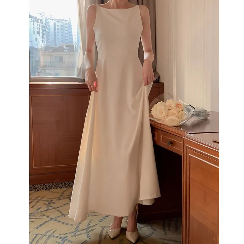 Korea Evening Party Long White Dress Elegant Solid Sleeveless Strap A Line Dress Beach Women One Piece Backless Black Dress 2024 voguable
