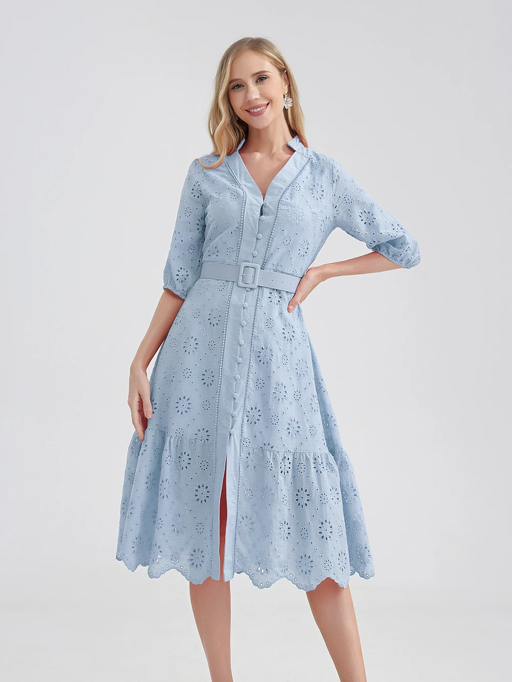 Cotton Hollow Out Summer Dress Women Holiday Perppy Casual High Waist Ruffled Mini V-Neck Dresses A-line Frills Vestido voguable