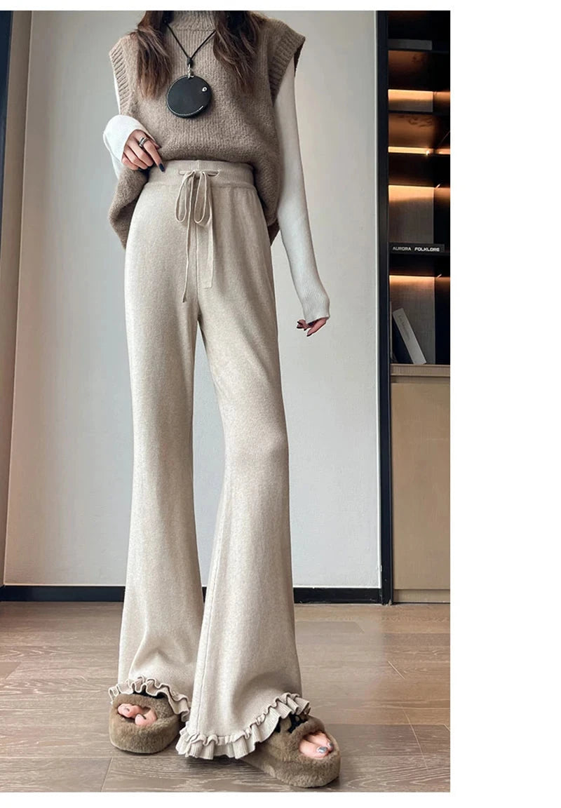 Ruffles Knitted Flare Pant Women High Waist Fashion Loose Fall Winter Trousers Korean Chic Elegant Lady Sweet Solid Pants voguable
