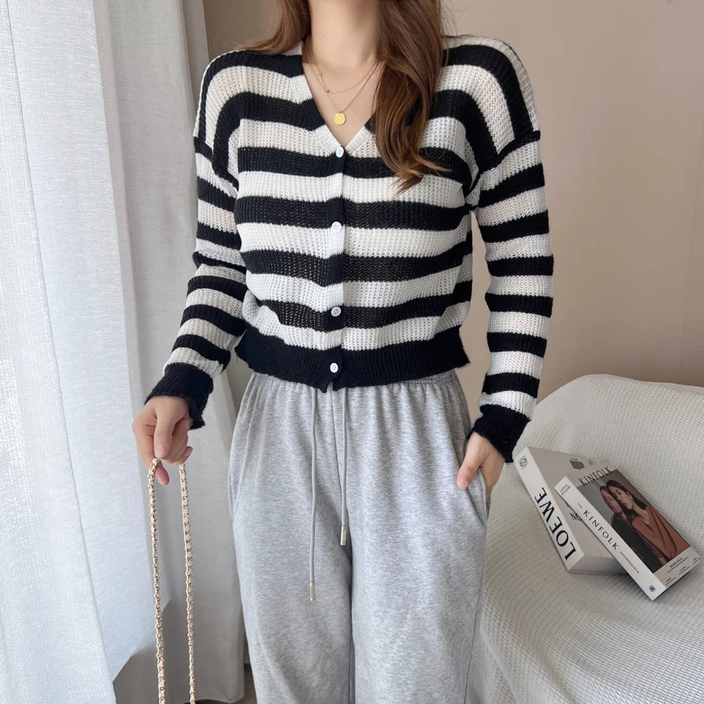 Women Striped Knit Cardigan Button Front Long Sleeve V-neck Crop Sweater Jacket Comfy Knitwear French Chic Autumn Winter Outfit voguable