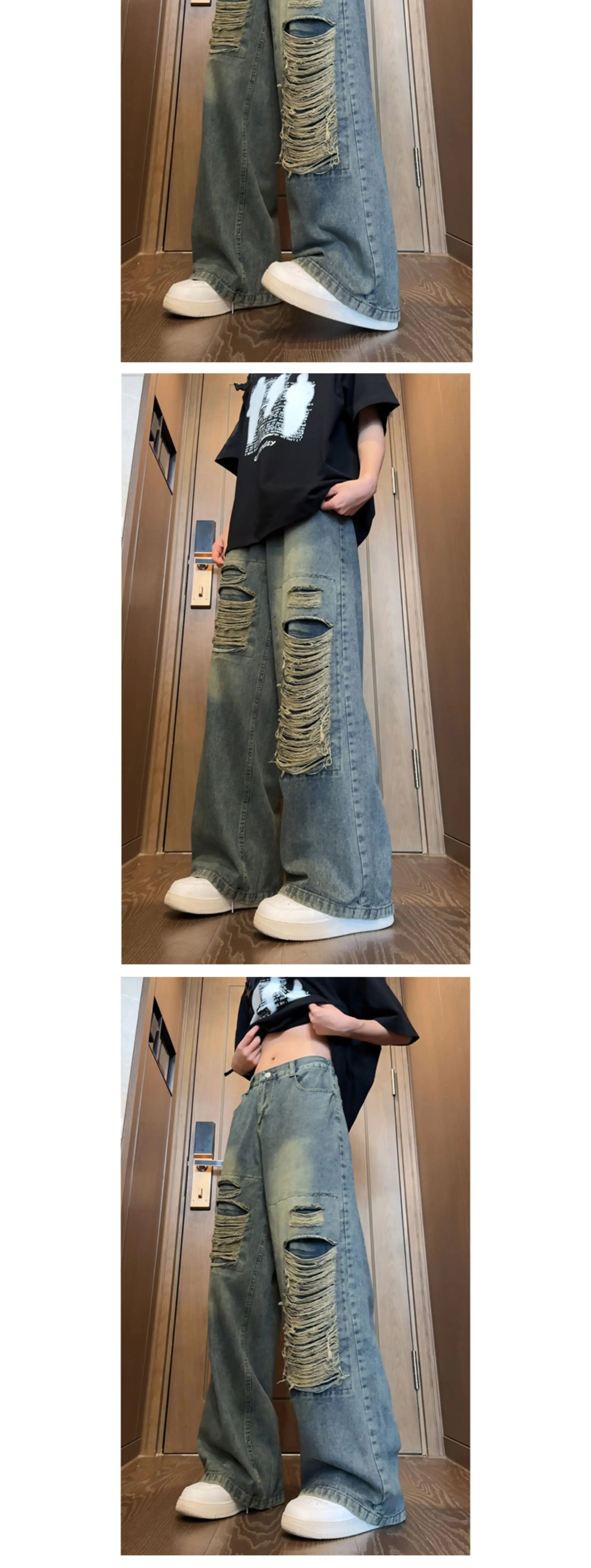 Beggar jeans men Vintage Streetwear Ripped Hole Jeans Men Women Harajuku Aesthetic Wide Leg Denim Trousers Unisex Straight Pants voguable
