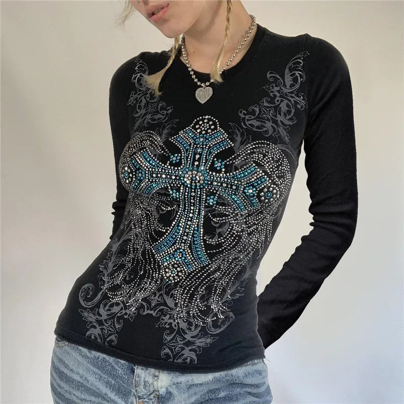 Goth T Shirts y2k Aesthetic Fairy Grunge Clothes Rhinestone Cross Wings Pattern Short Sleeve Tops Women Streetwear voguable