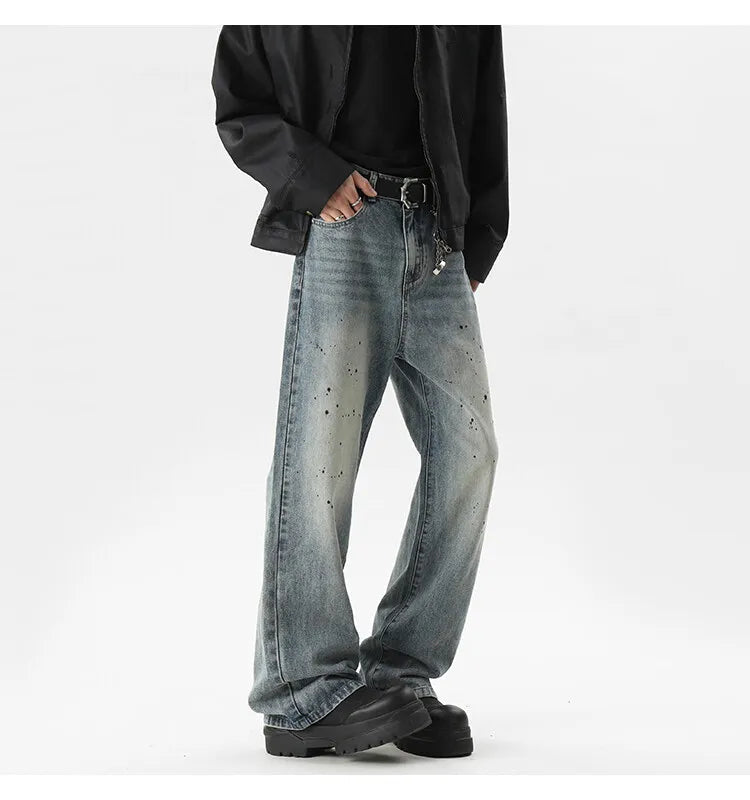 Summer Men's Denim Pants Old Blue Washed Male Jeans Straight fleck Casual Menwear Loose Wide Leg Trousers 2024 New Fashion voguable