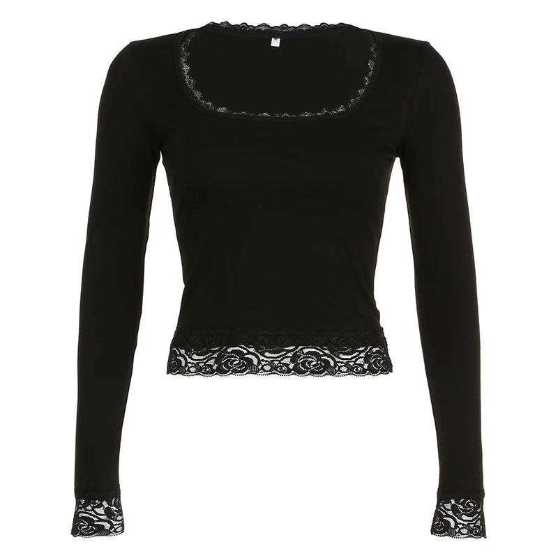 Voguable Casual Basic Square Collar Cropped Top Black Coquette Style Lace Patchwork Slim-fitting Long Sleeve T-shirts Autumn Tee voguable