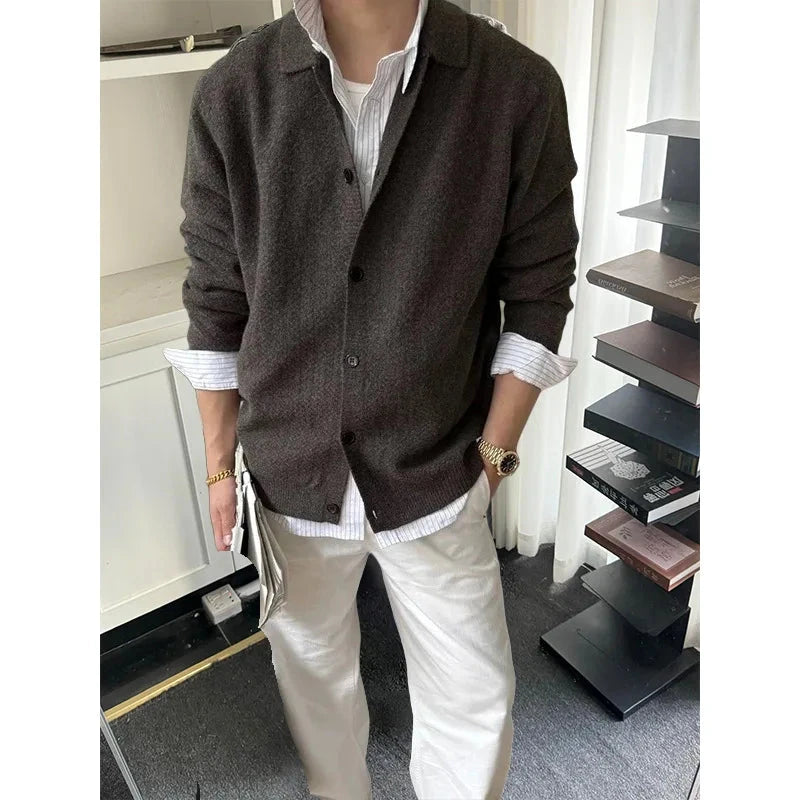 Japanese Retro Men's Cardigan Coats Light Luxury Knitted Lapel Long Sleeve Sweater Jacket Leisure Premium Quality Knitwear M-3XL voguable