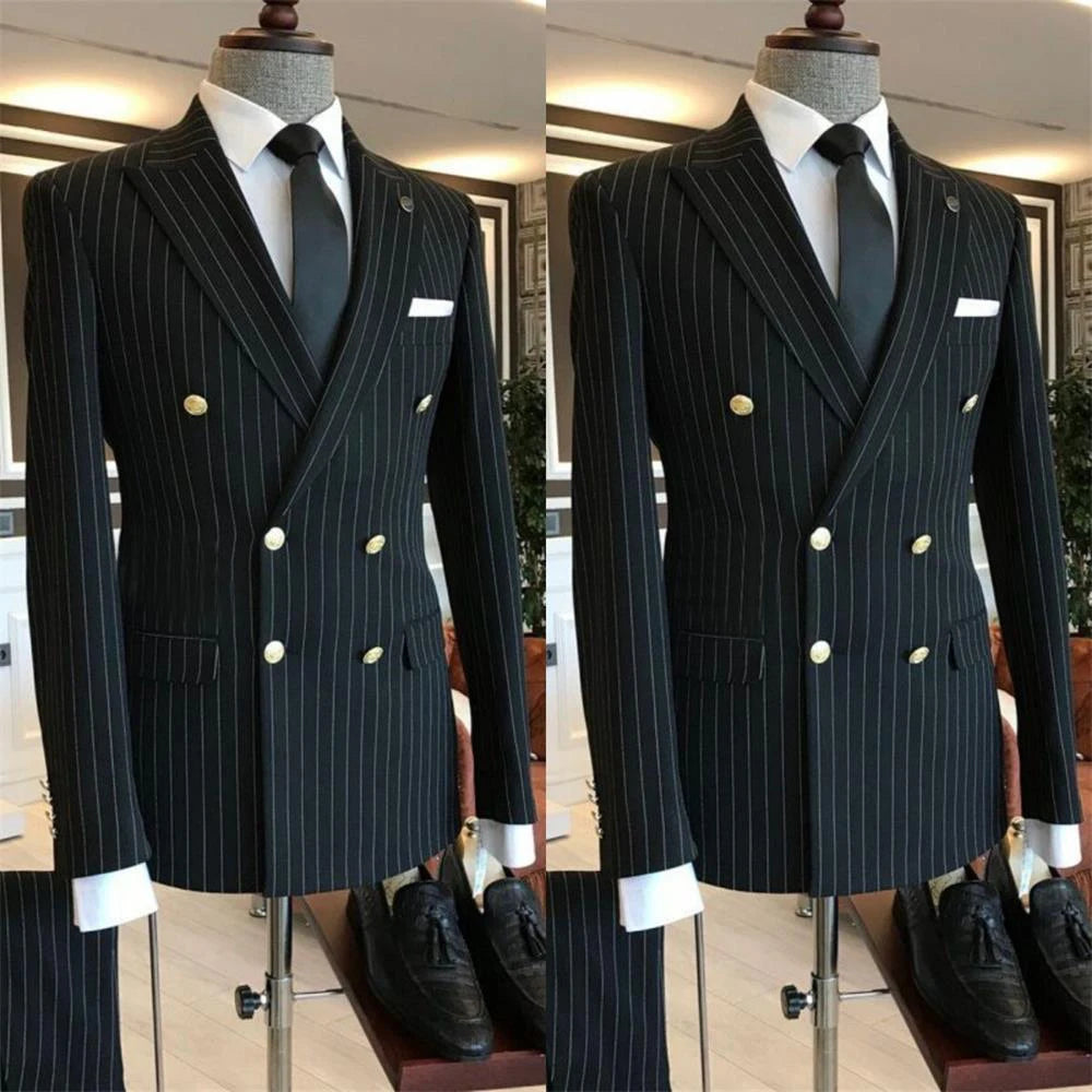 Voguable  2 Piece Black Striped Men's Suit Set Golden double breasted Lapel Jacket Elastic Pants Wedding Part Prom Dinner Wrok Travel voguable