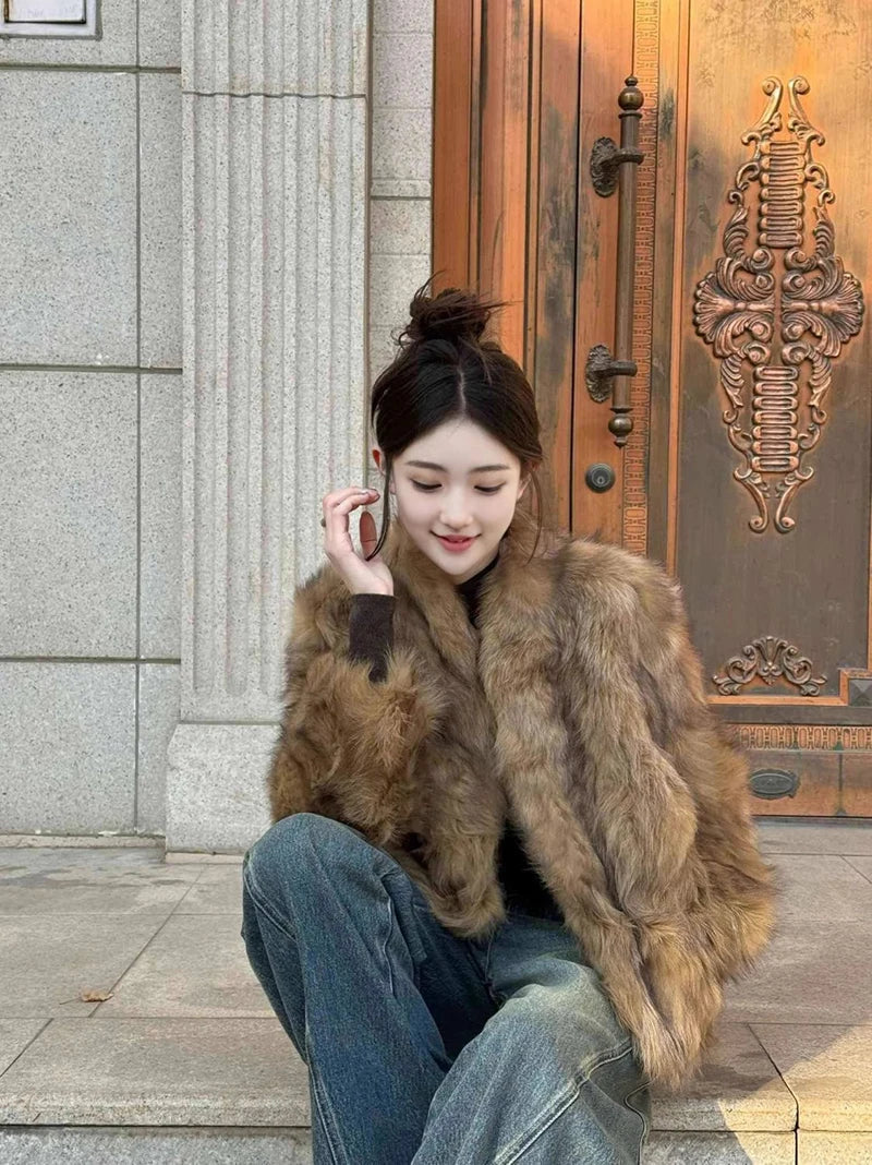 Elegant Vintage Faux Fur Coat Women Slim Long Sleeve Winter Faux Fox Jacket Korean Casual Open Stitch Retro Soft Warm Outwear voguable