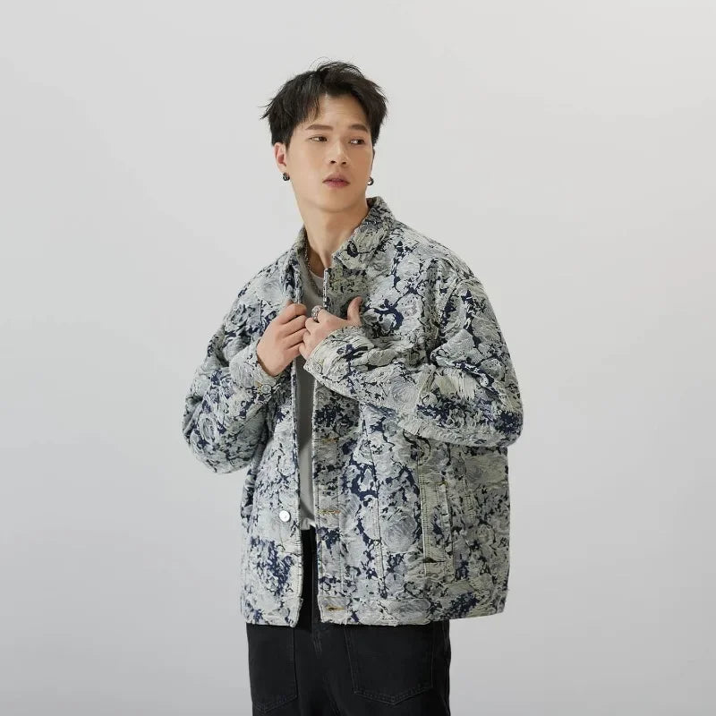 Autumn Men's Denim Coat Printed Hole New Vintage Denim Coats High Street Ruffian Handsome Versatile Fashion Coat Men Jacket voguable