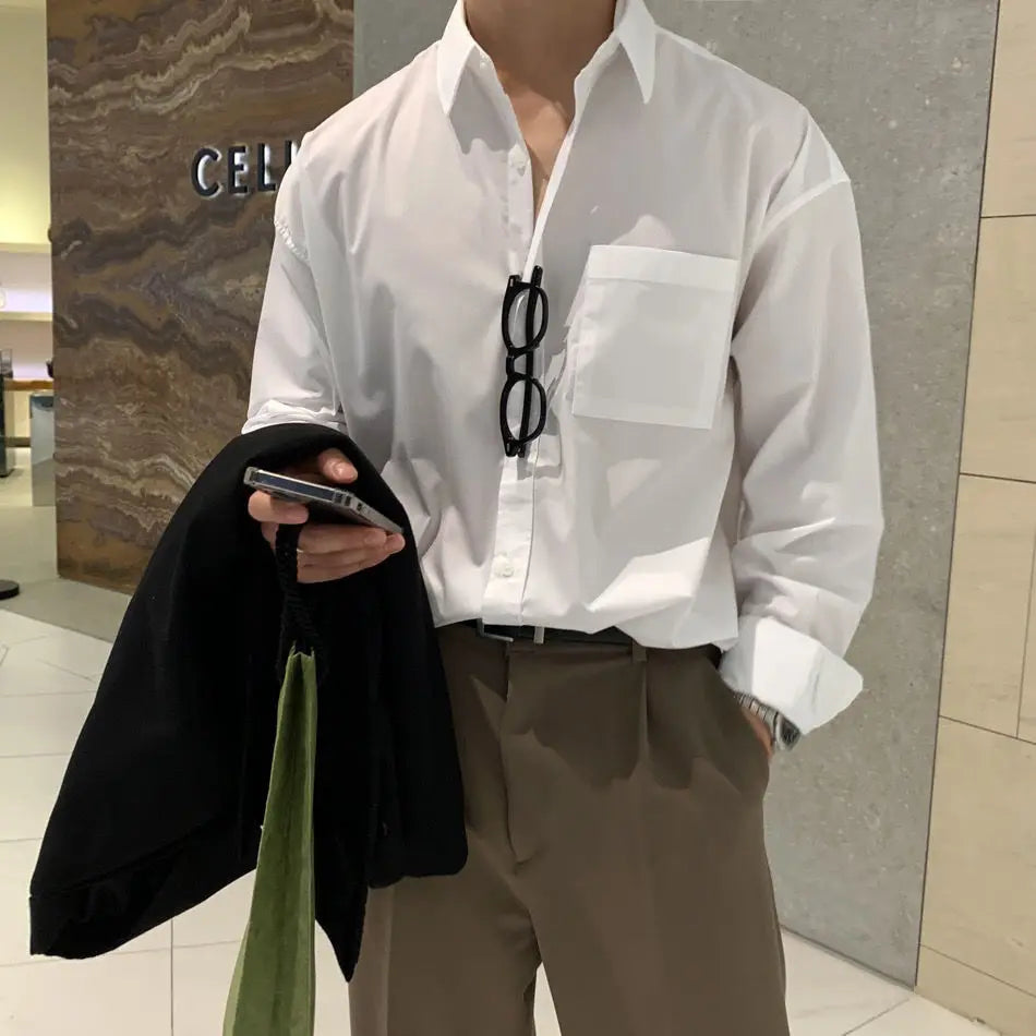 Voguable Korean Fashion Men High-end Light Blue Shirt Men Summer Solid Color Simple Casual Loose Button Pocket Long sleeve Shirts for Men voguable