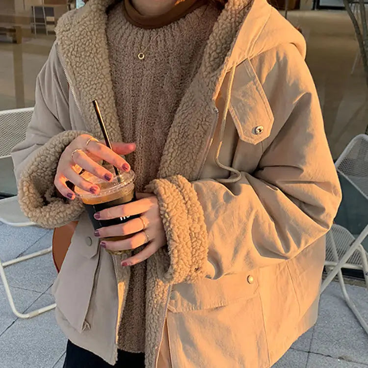 Women Oversized Parkas Hooded Thick Coat Ladies Soft Kawaii Jacket Double Sided Outerwear Autumn Winter Warm Long Sleeve Bomber voguable