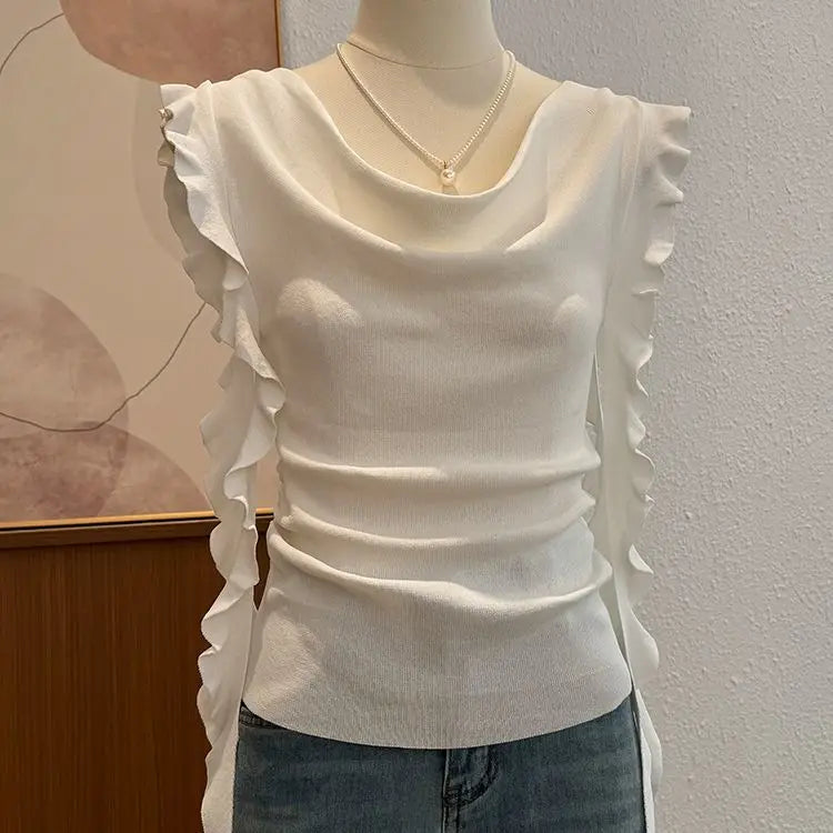 Voguable  Premium Minority Flying Sleeve Knit Tshirts Draped Neckline Lace Up Unique Mujer Camisetas Slim Elegant Casual Moda Tops voguable