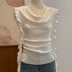 Voguable  Premium Minority Flying Sleeve Knit Tshirts Draped Neckline Lace Up Unique Mujer Camisetas Slim Elegant Casual Moda Tops voguable