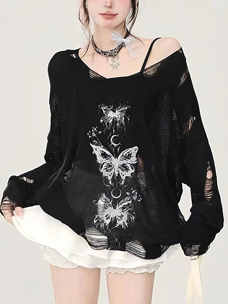 Y2k Hollow out Knit Oversize T shirt Women Long sleeve Off shoulder Top Sexy Basic Transparent Tees Baggy Vintage Ladies New voguable
