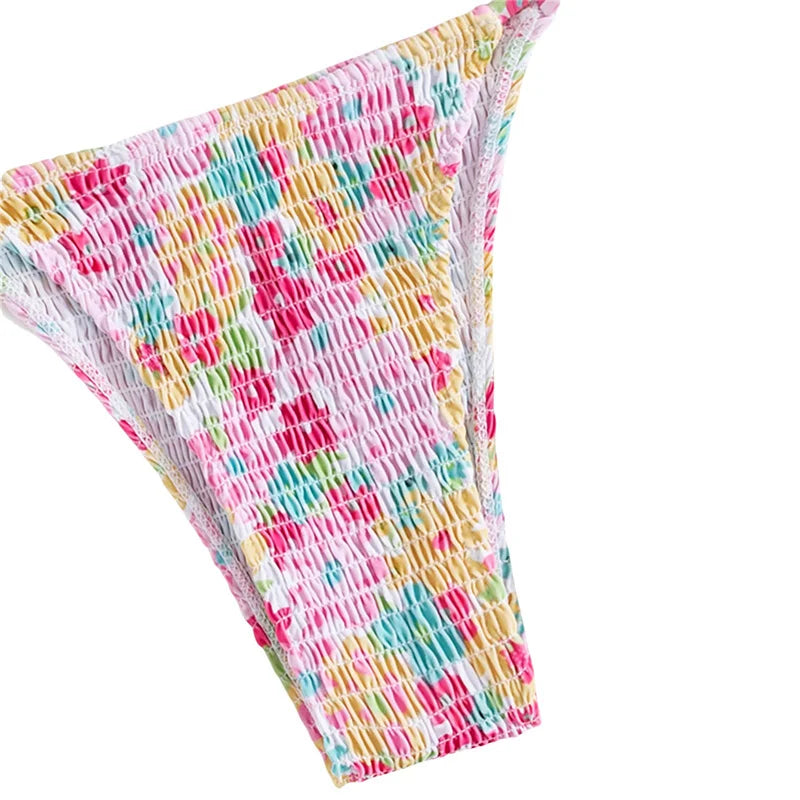 Voguable Women Swimwear 2024 Summer Floral Print Halter Neck Padded Bra and Low Waist Briefs Two Piece Bikini Set Beachwear voguable