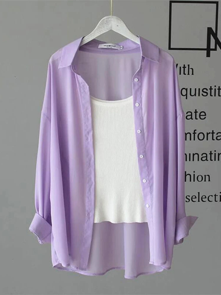 Voguable Chiffon Women Thin Shirts Summer Perspective Button Up Solid Korean Sun Shirt Long Sleeve Fashion Korean Ladies Tops New voguable