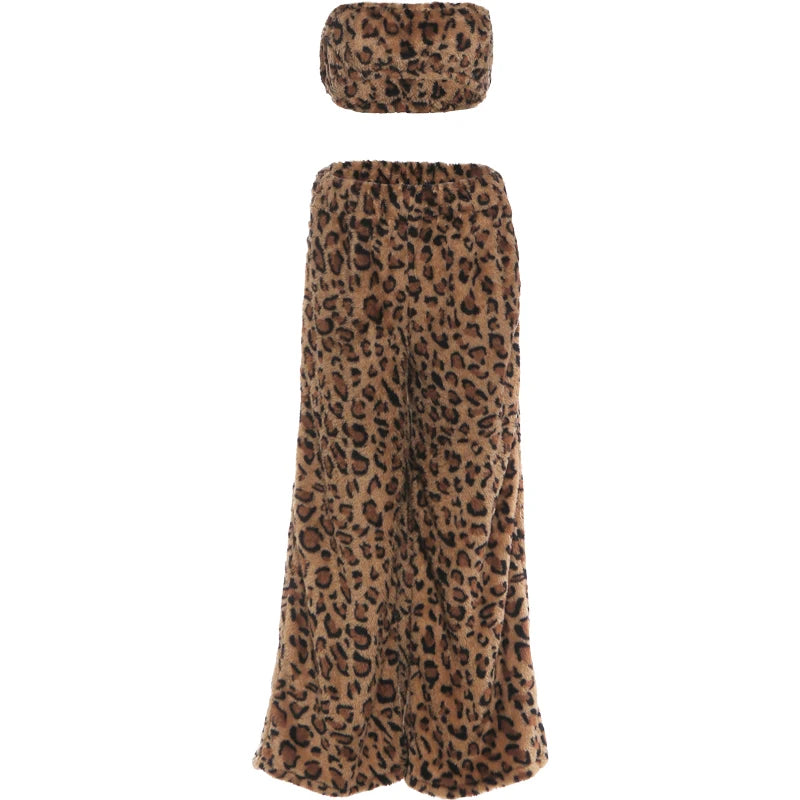 Voguable  Furry Leopard Print 2-Piece Set Women Punk Style Hottie Sleeveless Crop Vest+Wide Pants Trend Matching Street Suits voguable