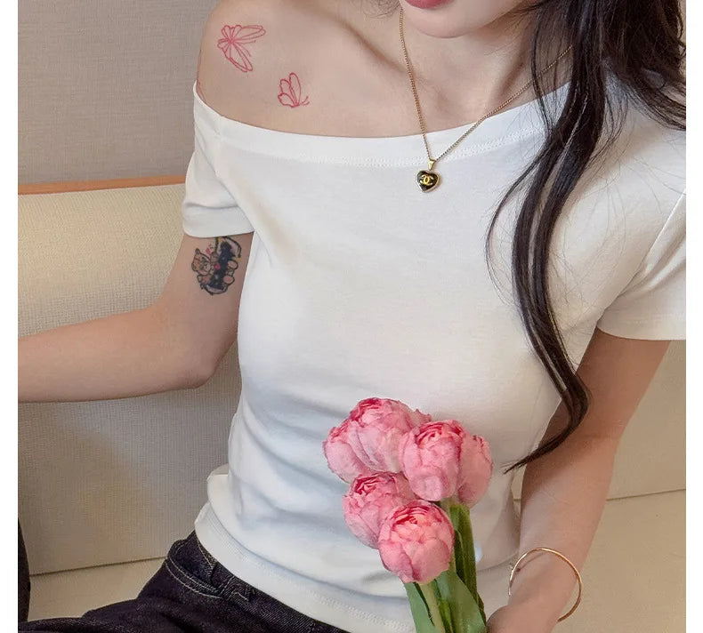 Solid Off Shoulder Short Sleeve T Shirt Simple Basic Sexy Single Sleeved Jumper Top Streetwear Slim Fit Female Y2K Clothes Tees voguable