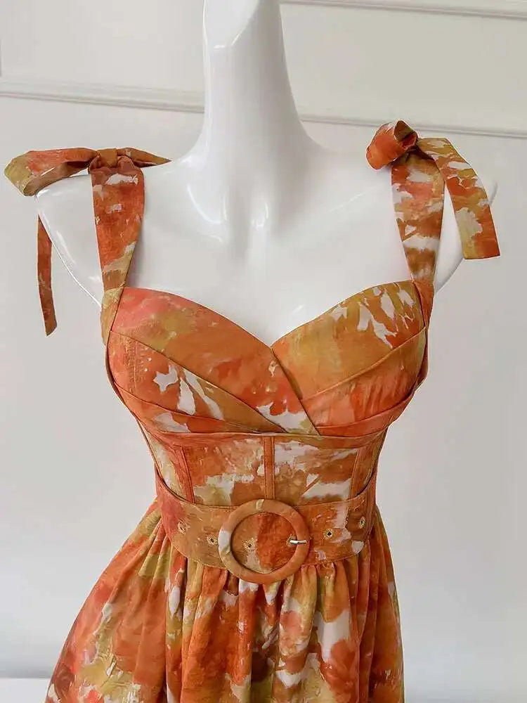 2025 New Print Women's Spaghetti Strap Dress Bow Sashes Zipper Color Contrast Sleeveless Backless Dresses Female voguable