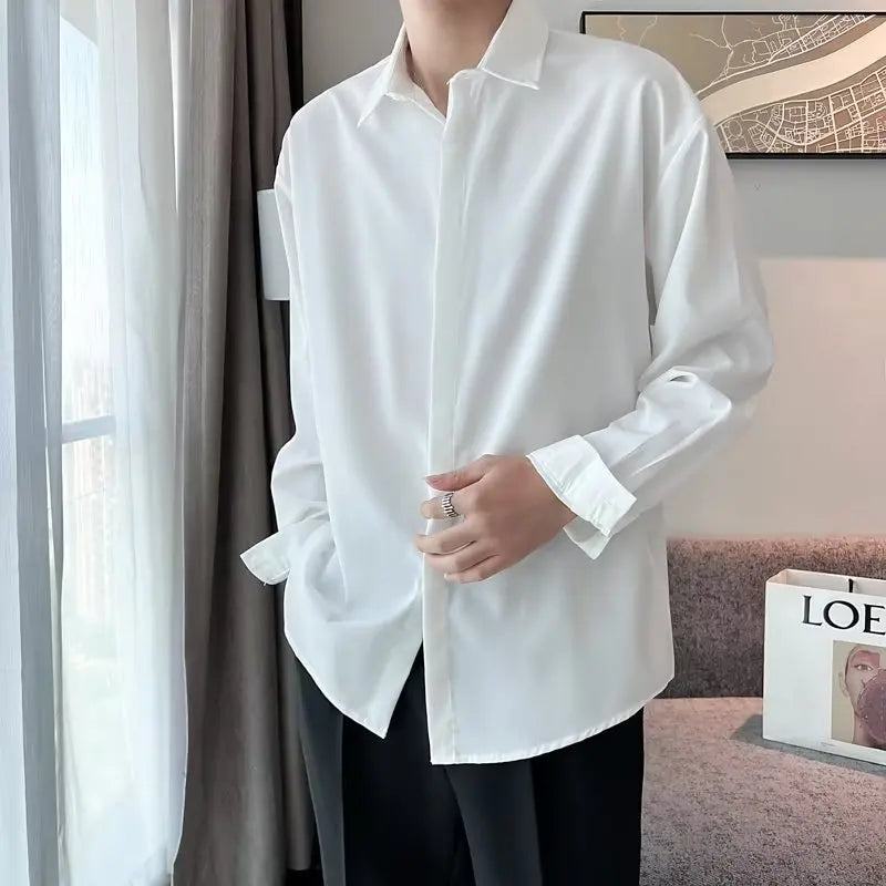 New Long Sleeve Men Shirt Ice Silk No Iron Simple Lapel Hidden Button Business Casual Autumn Solid Color Men Dress Shirt voguable