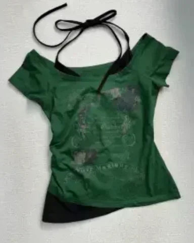 Voguable  Summer Fake Two Pieces Vintage T-shirts Halter Bandage Y2k Aesthetic Slim Crop Grunge Print Tops Women Harajuku Casual Sexy Tee voguable