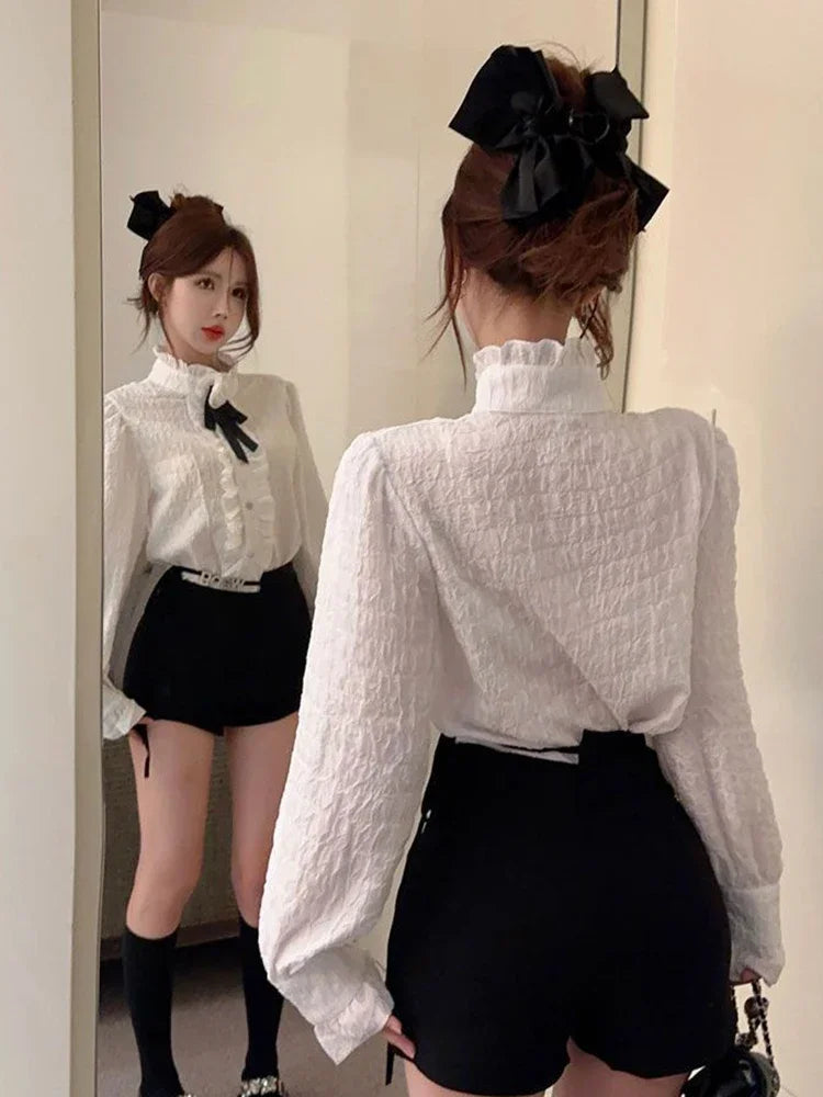 3D Floral Bow Shirt Women Elegant Long Sleeve Retro Korean White Blouse Casual Design Female Vintage Sweet Tops Spring New voguable